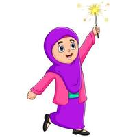 illustration einer glücklichen muslimischen frau, die feuerwerk spielt vektor