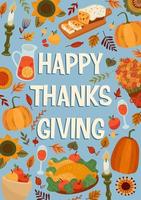 Happy Thanksgiving Illustration mit festlich gedecktem Tisch, Vektordesign für Karten, Poster, Flyer, Web und andere Zwecke vektor