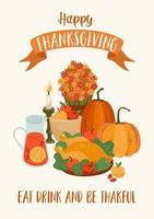 Happy Thanksgiving Illustration mit festlich gedecktem Tisch, Vektordesign für Karten, Poster, Flyer, Web und andere Zwecke vektor