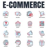 Satz von E-Commerce-Symbol-Logo-Vektorillustration. korb, megaphon, rückgabe, geschenk, qualität, lieferwagen und mehr paketsymbolvorlage für grafik- und webdesignsammlung