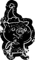 Fröhliche Cartoon-Distressed-Ikone eines Schweins mit Weihnachtsmütze vektor