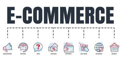 E-Commerce-Banner-Web-Icon-Set. korb, megaphon, rückkehr, info, zahlungsgeldbörse, internet, jetzt kaufen, gutscheinvektorillustrationskonzept. vektor