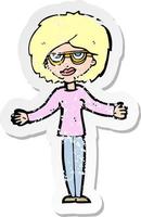 Retro-Distressed-Aufkleber einer Cartoon-Frau mit Brille vektor