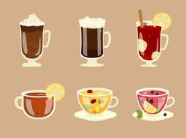 satz heiße wintergetränke in glasbechern. Kaffee und Tee. heiße Schokolade, Glühwein, Kaffee, Kräutertee, schwarzer Tee, Früchtetee. Cartoon-Vektor-Illustration. vektor