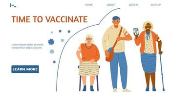 vaccination mot coronavirus vektor målsida mall. multiracial unga och äldre människor visar händer med plåster och håller telefoner med vaccinationsintyg.