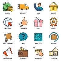 Satz von E-Commerce-Symbol-Logo-Vektorillustration. korb, megaphon, rückgabe, geschenk, qualität, lieferwagen und mehr paketsymbolvorlage für grafik- und webdesignsammlung