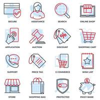 Satz von E-Commerce-Symbol-Logo-Vektorillustration. Warenkorb, Wunschliste, Sparschwein, Suche, sicheres, geschütztes Schild und mehr Paketsymbolvorlage für Grafik- und Webdesign-Sammlung vektor