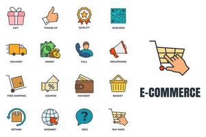 Satz von E-Commerce-Symbol-Logo-Vektorillustration. korb, megaphon, rückgabe, geschenk, qualität, lieferwagen und mehr paketsymbolvorlage für grafik- und webdesignsammlung vektor