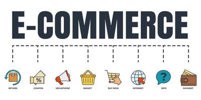 E-Commerce-Banner-Web-Icon-Set. korb, megaphon, rückkehr, info, zahlungsgeldbörse, internet, jetzt kaufen, gutscheinvektorillustrationskonzept.