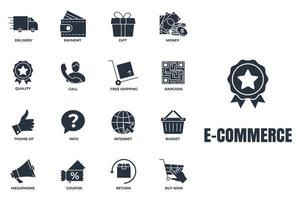 Satz von E-Commerce-Symbol-Logo-Vektorillustration. korb, megaphon, rückgabe, geschenk, qualität, lieferwagen und mehr paketsymbolvorlage für grafik- und webdesignsammlung vektor