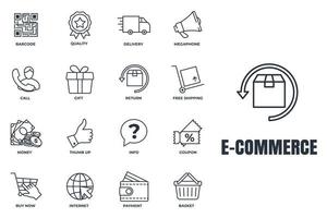 Satz von E-Commerce-Symbol-Logo-Vektorillustration. korb, megaphon, rückgabe, geschenk, qualität, lieferwagen und mehr paketsymbolvorlage für grafik- und webdesignsammlung vektor