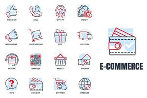 Satz von E-Commerce-Symbol-Logo-Vektorillustration. korb, megaphon, rückgabe, geschenk, qualität, lieferwagen und mehr paketsymbolvorlage für grafik- und webdesignsammlung vektor