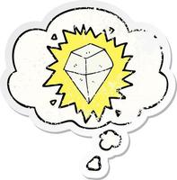 Cartoon leuchtender Kristall und Gedankenblase als beunruhigter, abgenutzter Aufkleber vektor
