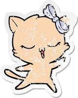 nödställda klistermärke av en tecknad dansande katt med rosett på huvudet vektor