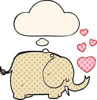 söt tecknad elefant med kärlekshjärtan och tankebubbla i serietidningsstil vektor