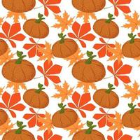 Nahtloses Muster aus stilisierten orangefarbenen Kürbissen und Herbstblättern auf hellem Hintergrund. flacher Vektorstil. Halloween. Herbst. leuchtende Kürbisse. das Erntedankfest. geeignet für Textilien und Verpackungen vektor