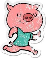beunruhigter Aufkleber eines glücklichen laufenden Cartoonschweins vektor