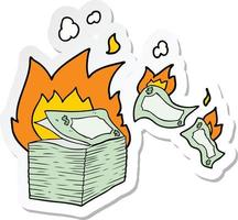 Aufkleber eines Cartoons mit brennendem Geld vektor