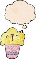 Cartoon-Cupcake mit Gesicht und Gedankenblase im Grunge-Texturmuster-Stil vektor