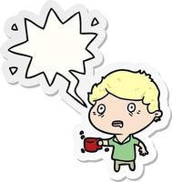 Cartoon-Mann nervös, weil er zu viel Kaffee und Sprechblasen-Aufkleber trinkt vektor