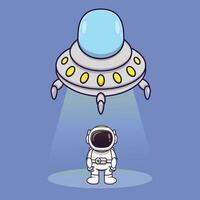 söt tecknad ufo lyser astronaut på ljus. fantasy koncept. enkel premiumdesign vektor
