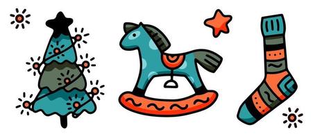 vektor färg doodle illustration av ett nyårs set, en julgran med en krans, en gunghäst och en stickad strumpa