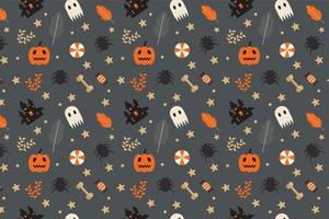 schöner halloween-elementmustervektor auf einem dunklen hintergrund. halloween endloses musterdesign für buchumschläge, hintergründe und verpackungspapiere. halloween-musterdekoration mit kürbis und geist vektor