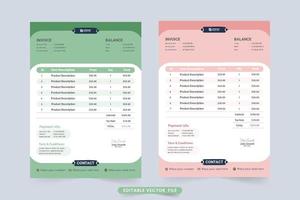 girly business betalningskvitto design med rosa och gröna färger. digitalt betalningskvitto med abstrakta former. företags affärsfaktura mall och pris kvitto dekoration vektor. vektor