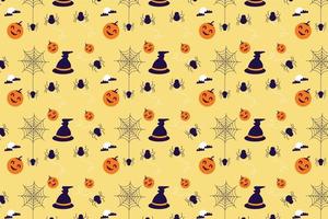 söt halloween mönster bakgrundsvektor med läskiga pumpor och häxhattar. skrämmande halloweenmönsterdekoration för lakan eller bokomslag. halloween seamless mönster på en gul bakgrund. vektor