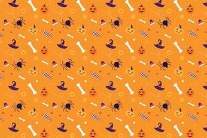 halloween-musterhintergrundvektor mit gruseligen kürbissen und menschlichen knochen. halloween gruselige musterdekoration für buchumschläge, tapeten und bettlaken. halloween endloses muster auf orange hintergrund vektor