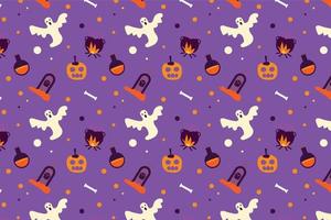 halloween mönster design på en lila bakgrund. halloween ändlösa mönsterdesign med läskiga spöken, pumpor och häxkonst. halloween mönster vektor för omslagspapper och lakan.