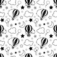 Vektor Musterdesign mit Heißluftballons und Wolken. handgezeichnete illustration für babytextilien oder hintergrund. Hintergrund mit Silhouetten von Sternen und Halbmond