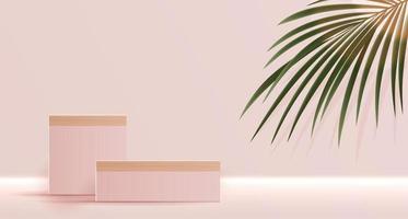 kosmetisk rosa bakgrund och premium podium display för produktpresentation varumärke och förpackning presentation. studio scen med skuggan av löv bakgrund. vektor design