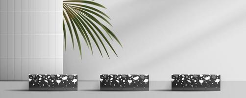 kosmetischer schwarzer Hintergrund und Premium-Podium aus Terrazzo-Marmor für Produktpräsentation, Branding und Verpackungspräsentation. Studiobühne mit Schattenhintergrund. Vektordesign vektor