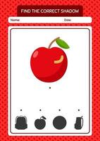 Finden Sie das richtige Schattenspiel mit Apple. arbeitsblatt für vorschulkinder, kinderaktivitätsblatt vektor