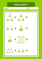 wie viele zählen spiel mit chemikalienflasche. arbeitsblatt für vorschulkinder, kinderaktivitätsblatt vektor