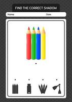 Finden Sie das richtige Schattenspiel mit Farbstift. arbeitsblatt für vorschulkinder, kinderaktivitätsblatt vektor
