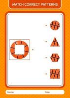 Match-Pattern-Spiel mit Basketball. arbeitsblatt für vorschulkinder, kinderaktivitätsblatt vektor