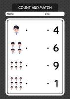 räkna och matcha spel med pojken. arbetsblad för förskolebarn, aktivitetsblad för barn vektor