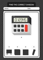 hitta rätt skuggspel med miniräknare. arbetsblad för förskolebarn, aktivitetsblad för barn vektor