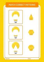 Match-Muster-Spiel mit Glühbirne. arbeitsblatt für vorschulkinder, kinderaktivitätsblatt vektor
