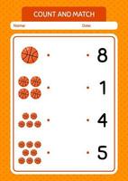 Zähl- und Match-Spiel mit Basketball. arbeitsblatt für vorschulkinder, kinderaktivitätsblatt vektor