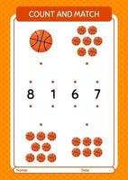 Zähl- und Match-Spiel mit Basketball. arbeitsblatt für vorschulkinder, kinderaktivitätsblatt vektor