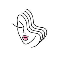 Make-up-Logo. Schönheitssalon-Symbol. Minimalismus Gesicht Mädchen. Vektor-Illustration von dünnen Linien. Konzept - Kosmetik und Haarpflege. Lippen und Wimpern - Permanent Make-up vektor