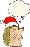 Cartoon-Igel mit Weihnachtsmütze und Gedankenblase im Comic-Stil vektor