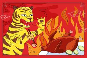 Peking-Enten-Banner-Konzept der chinesischen Küche. china national fire tiger isst mit essstäbchen geröstetes pekinger würziges geflügelfleisch. asiatisches Lebensmittelvektorplakat für orientalische Café- oder Restaurantwerbung vektor