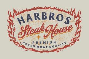 Steak House Vintage Abzeichen Logo Emblem Flamme Rahmenrand vektor