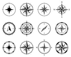 Kompass-Navigations-Silhouette-Icon-Set. Nord-Südwest-Ost-Ausrichtungsrichtung Glyphen-Piktogramm. nautischer antiker rosenwindnavigator für seeabenteuerikone. isolierte Vektorillustration. vektor