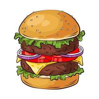 doppelter Hamburger. bunter handgezeichneter Cheeseburger, Fast-Food-Vektorillustration