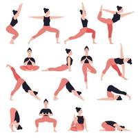Reihe von Yoga-Posen. gesunder Lebensstil. weibliche zeichentrickfigur, die yoga-positionen demonstriert. flache vektorillustration vektor